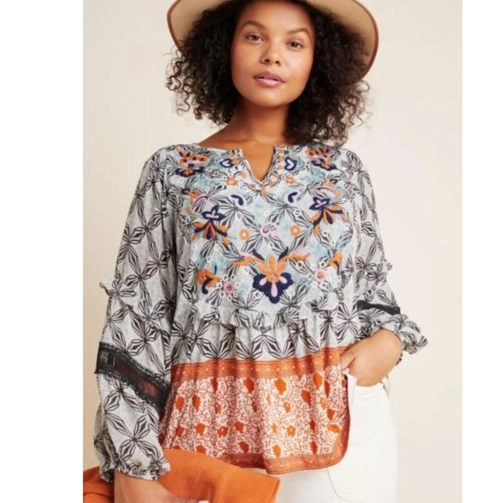 Anthropologie Terri Top Womens Small Black Orange Embroidered Floral Boho Blouse